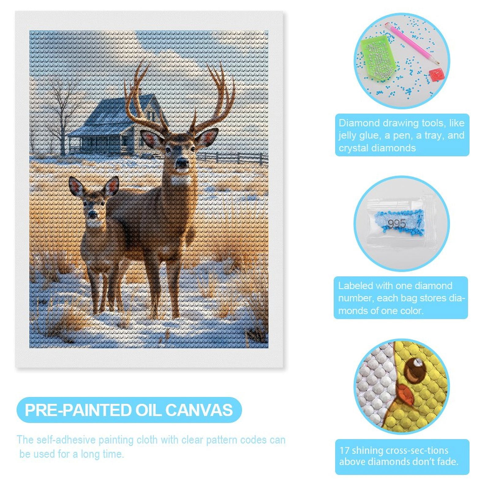 Diamond Art Kit for Adults, Deer Snow Cabin Winter Scene Diamond Painting for Adults Beginners, 5D DIY Diamond Art Painting Kits, Colorful Diamond Painting Craft for Home Decor 12x16