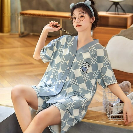 

QWZNDZGR Summer New Purple Pajamas For Women Cute Girl Sleepwear Kimono Pajama Sets Pyjamas Casual Sleepwear Homewear Lounge Home Fashion