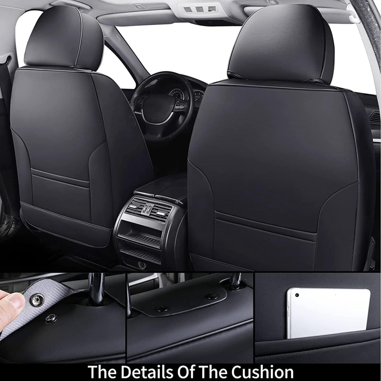 Coverado Black Car Seat Covers Front, Waterproof Faux Leather Auto Seat Protectors with Lumbar Support, Luxury Automotive Interior Accessories Universal Fit Most Cars SUV Trucks
