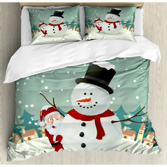 Christmas Duvet Cover Set, Merry Christmas Cartoon with Santa Snowman Pines Houses Winter, Decorative 3 Piece Bedding Set with 2 Pillow Shams, Calking Size, Almond Green Eggshell, by Ambesonne
