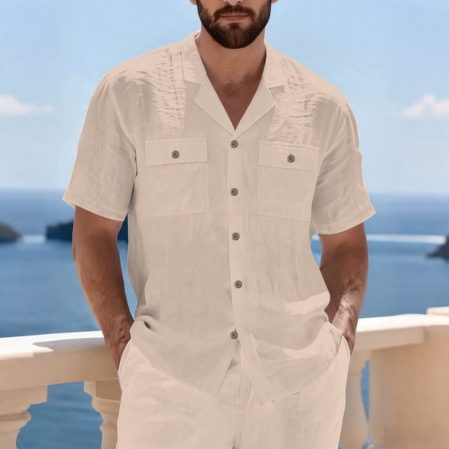 Ceisia Men's Relaxed Fit Short Sleeve Cuban Collar Cotton Linen Blend Shirt with Dual Chest Pockets Khaki XXL Gifts
