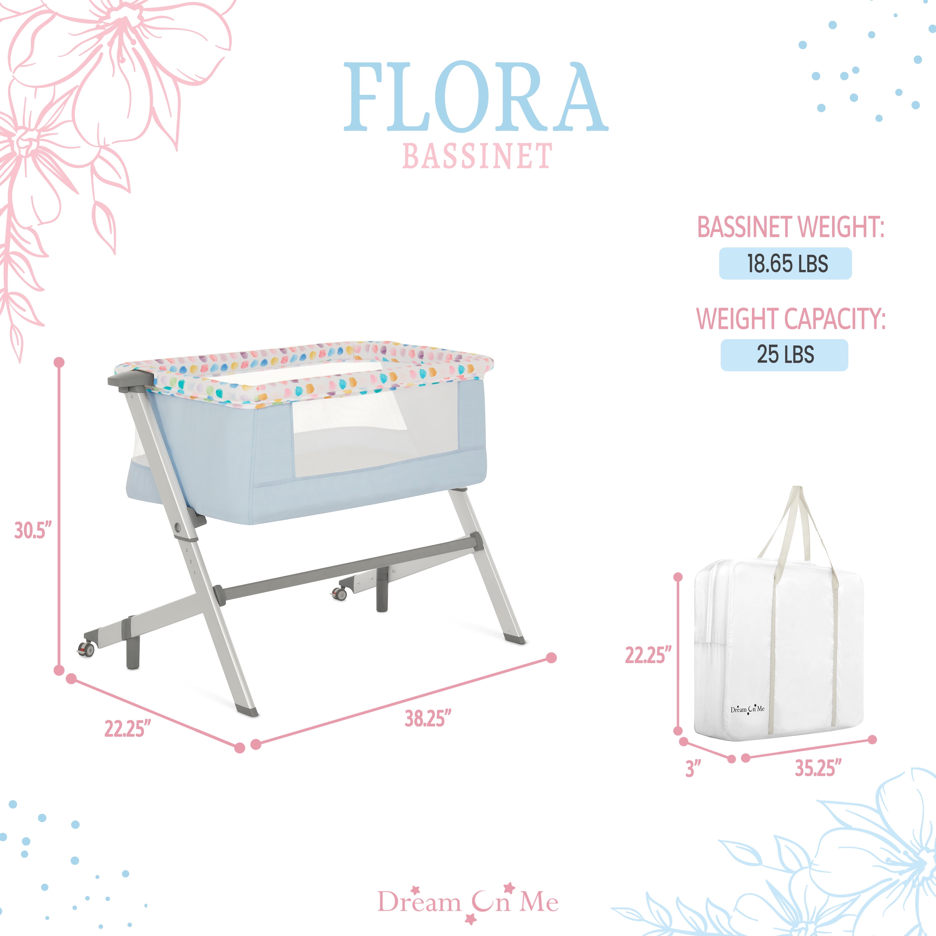 Dream On Me Flora Bassinet with Carry Bag , Compact & Modern, Confetti Blue