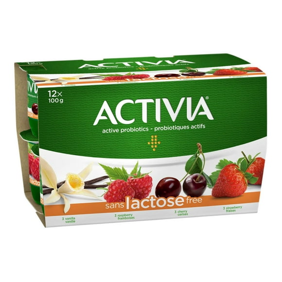 Activia Yogourt probiotique, sans lactose, saveur vanille / fraise / framboise / cerise, (emballage de 12) 12 x 100g