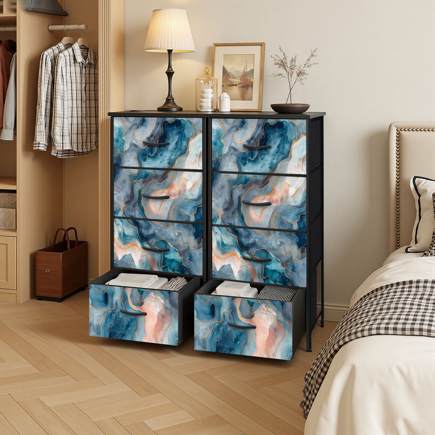 4 Drawer Vertical Storage Dresser Marble Alcohol Ink Marble watercolor seamless banners posters with Wood Top Fabric Pull Drawers
