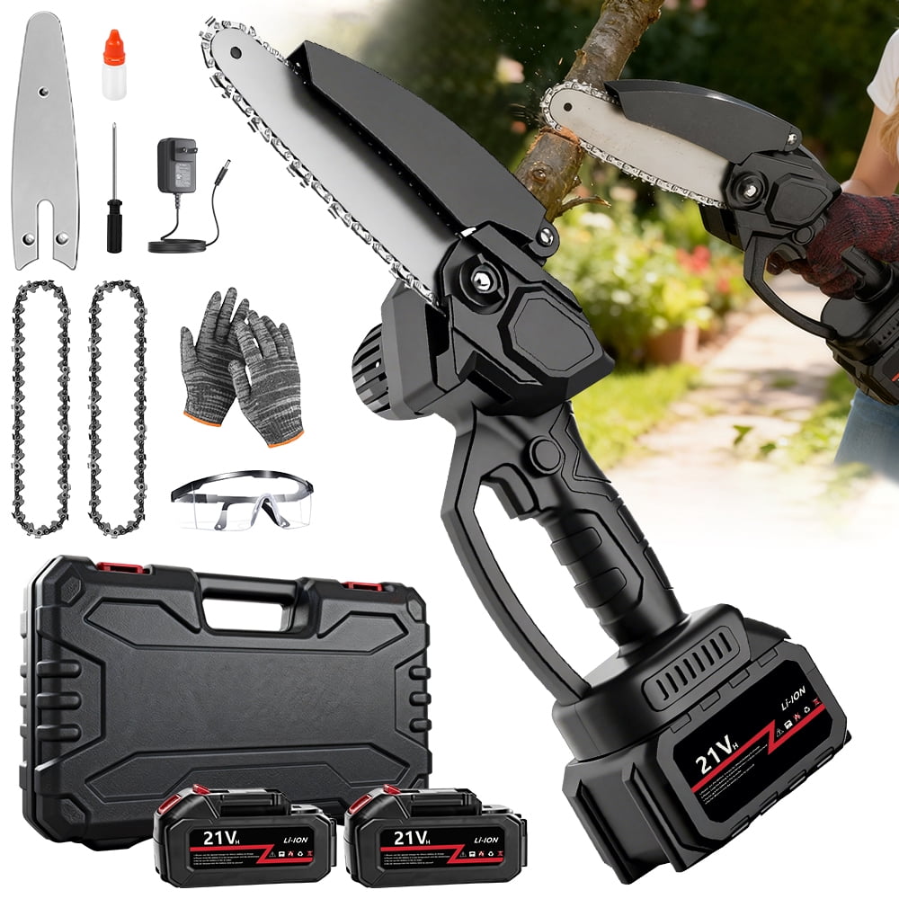 Chumajor Mini Chainsaw Cordless with 2 Batteries 2 Chains, Upgrade 6 Inch Mini Chain Saw Cordless with Security Lock, Handheld Small Chainsaw for Wood Cutting Tree Trimming, Black, Clearance Sales
