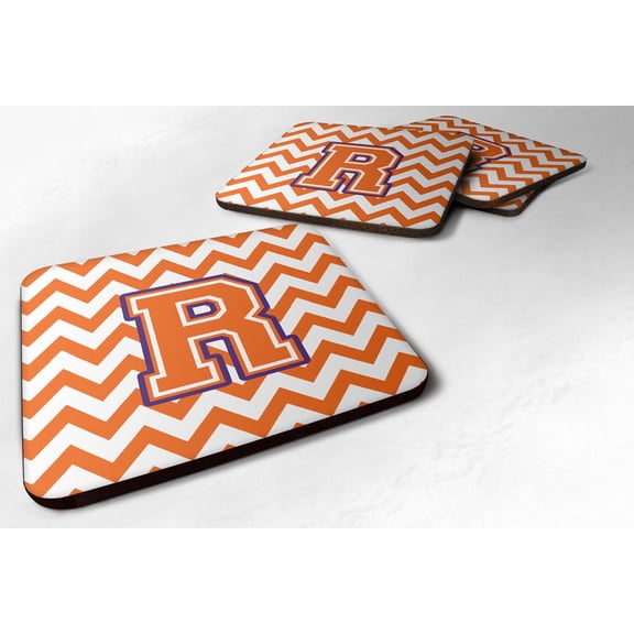 Letter R Chevron Orange and Regalia Foam Coaster Set of 4