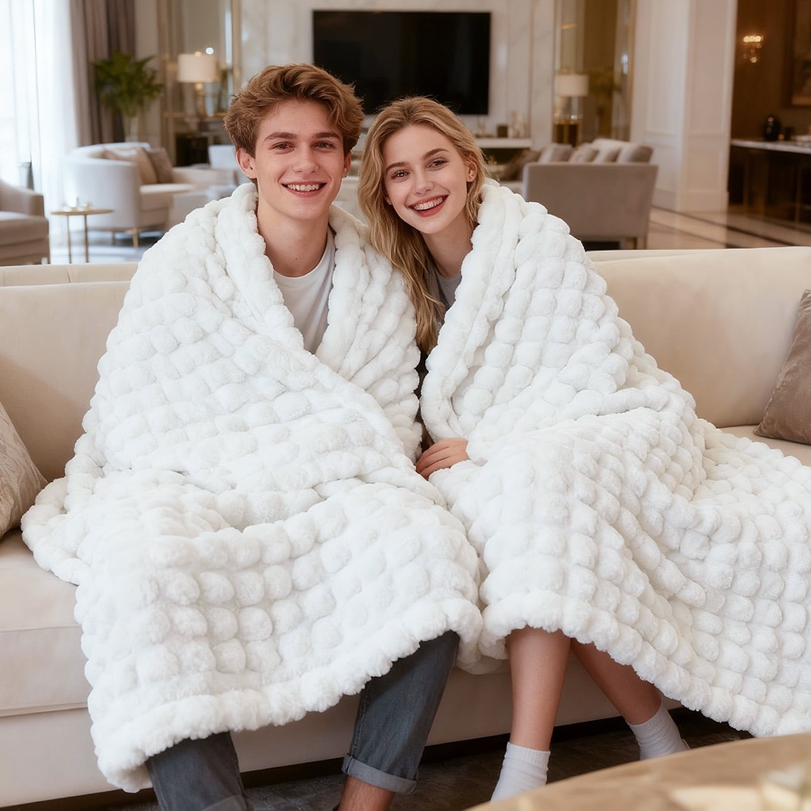 ShellKingdom Faux Fur Throw Blanket, Soft Plush Fluffy Thick Bubble Blanket for Couch Sofa Bedroom Living Room 50 x 60 inches, White