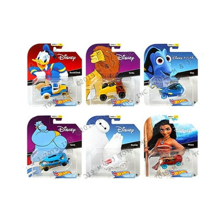 2019 Hot Wheels 1/64 Disney Pixar Character Cars Series 4, Set of 6 Collectible Die Cast Toy Cars Moana, Dory, Donald Duck, Genie, Simba,