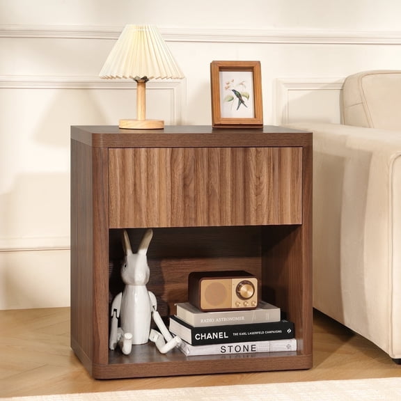 Fluted Nightstand with Drawer, Bedside Tables with Open Storage, Large Wood Night Stand for Bedroom Living Room, Walnut Brown