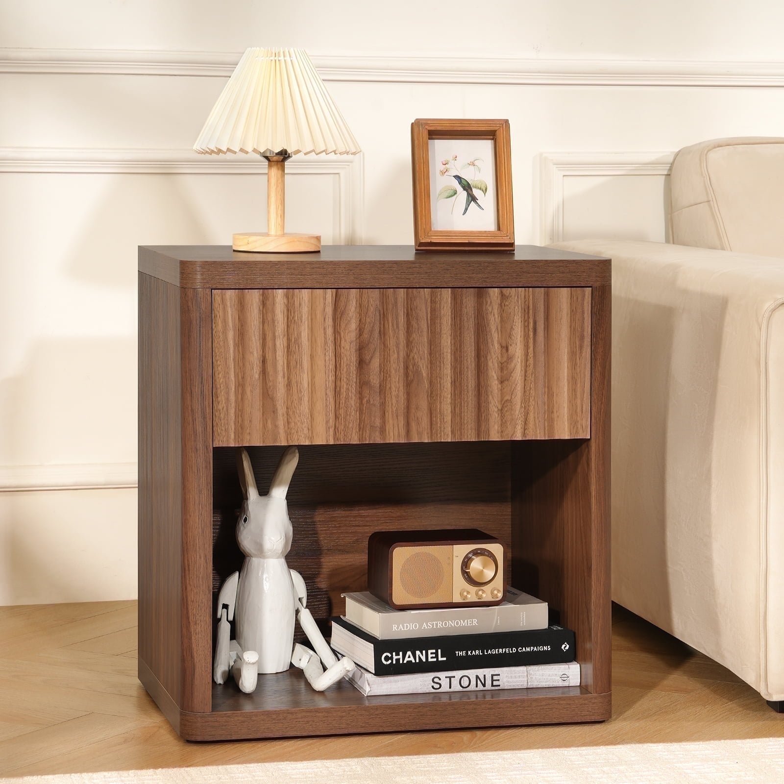 Fluted Nightstand with Drawer, Bedside Tables with Open Storage, Large Wood Night Stand for Bedroom Living Room, Walnut Brown