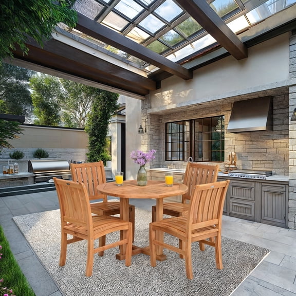 5 Piece Teak Wood Outdoor Patio Dining Set Including 48" Round Hatteras Table with 4 Abacho Side Chairs