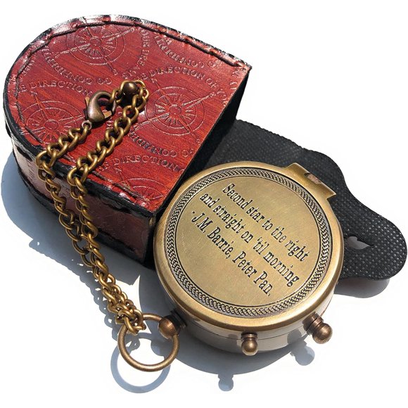 Second Star to The Right J. M. Barrie, Peter Pan Engraved Brass Compass Directional Compass Magnetic Pocket Personalized Gift for Camping, Hiking and Touring