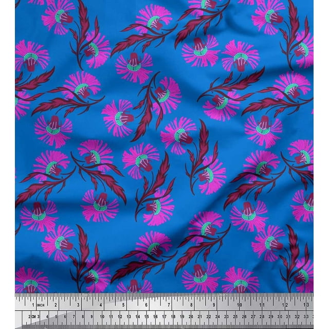 Soimoi Blue polyester Crepe Fabric Knapweed Floral Print Fabric by Yard 52 Inch Wide