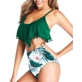 thumbnail image 3 of Women High Waisted Bikini Ruffle Swimsuit Flounce Pom Pom Trim Two Piece Bathing Suit Green Floral (M, 3 of 6