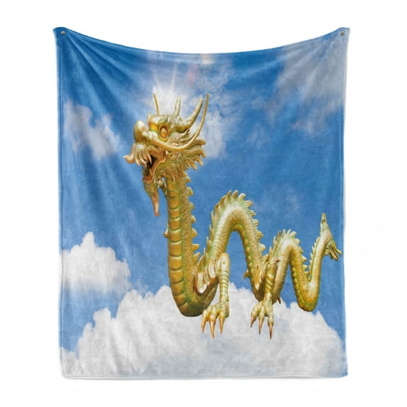 Dragon Soft Flannel Fleece Throw Blanket, Traditional Chinese Dragon Hovering in the Cloudy Blue Sky Culturalism Print, Cozy Plush for Indoor and Outdoor Use, 50" x 60", Multicolor, by Ambesonne