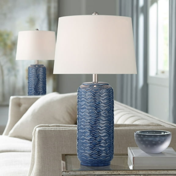 360 Lighting Waves 26 1/2" Tall Modern Coastal 3-Way Table Lamps Set of 2 Blue Ceramic White Shade Living Room Bedroom Bedside