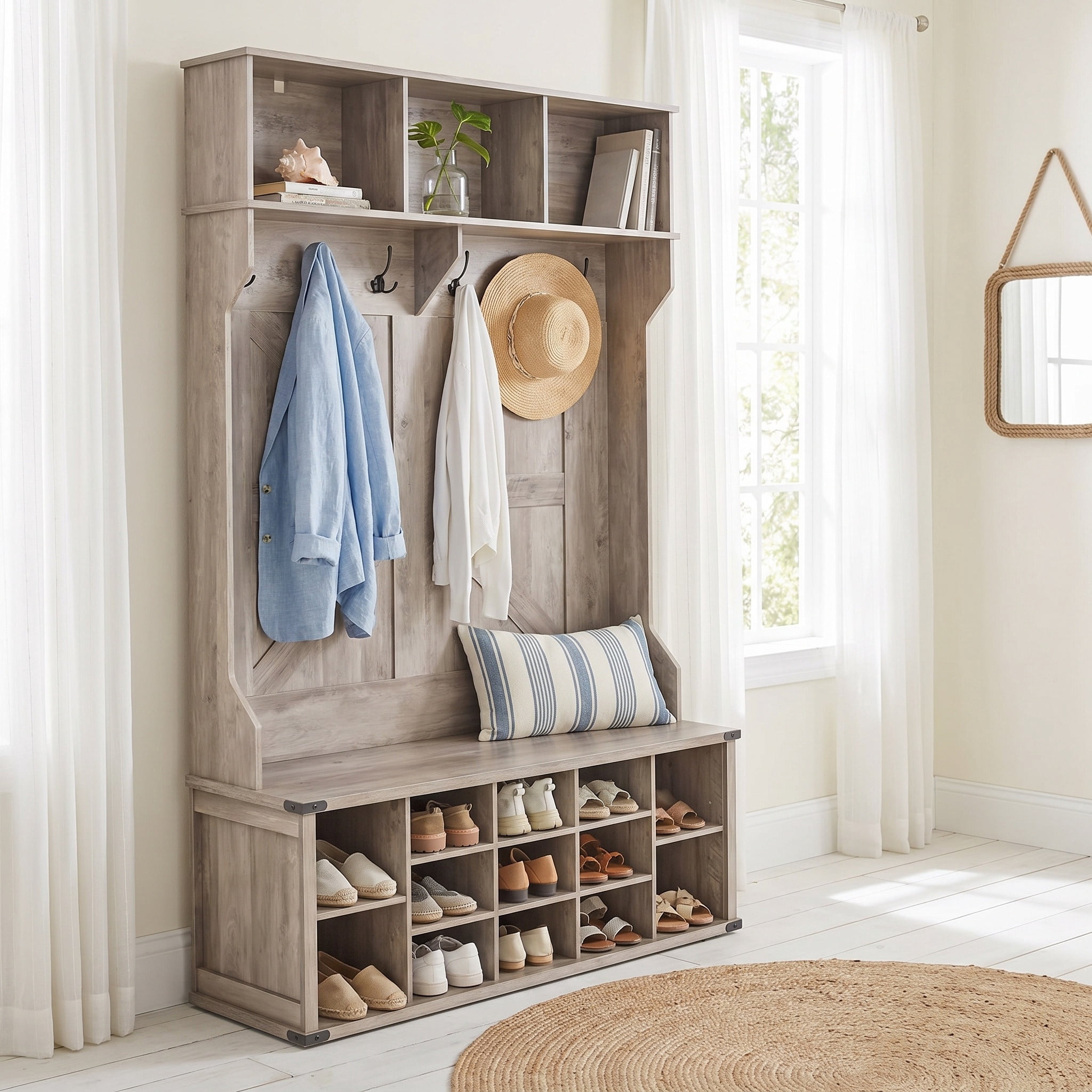 Nordic Hygge Farmhouse Hall Tree with 16-Compartment Shoe Storage & Bench, Heather Greige