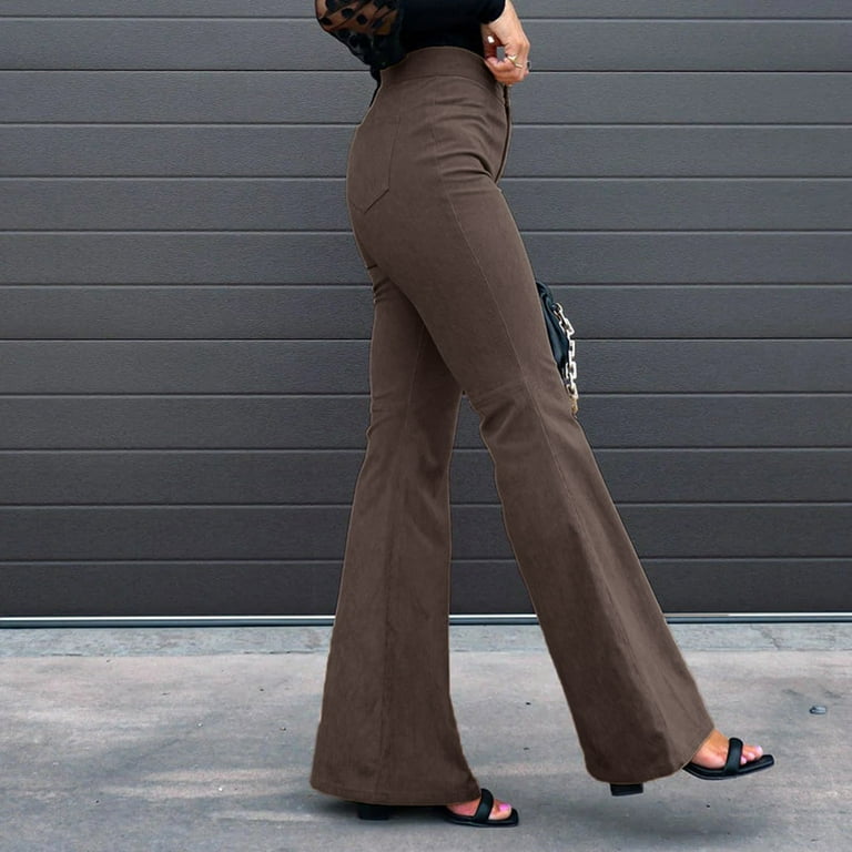 iOPQO Women's Clothing Solid Color Mid Waist Slim Micro Bell Bottoms  Corduroy Elastic Waist Casual Trousers,Flare Leggings for Women,Wide Leg  Pants