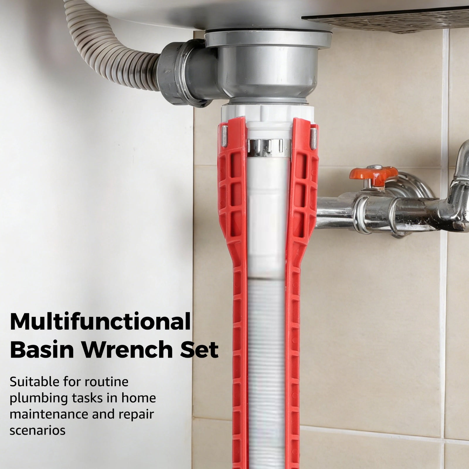 6PCS Basin Wrench Set, 8-in-1 Faucet Spanner for Sink Bathroom , 8-32 mm Adjustable Basin Wrench, Under Sink Tight Space Wrench with Thread Seal Tape and Screw