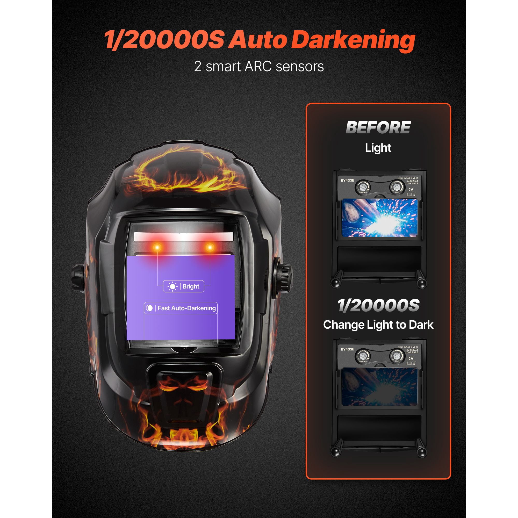 Auto Darkening Welding Helmet, True Color Technology 3.66x1.69 Inch Viewing Screen, 1/20000s Response, DIN 4/9-13 Adjustable, Solar Powered for Welding and Grinding