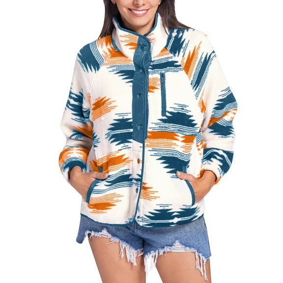 Fiaer Fleece Jacket Women Ethnic Print Thermal Button down Sweatshirts Loose Fit Long Sleeve Lapel Collared Thickened Warm Tops with Pocket Navy XL