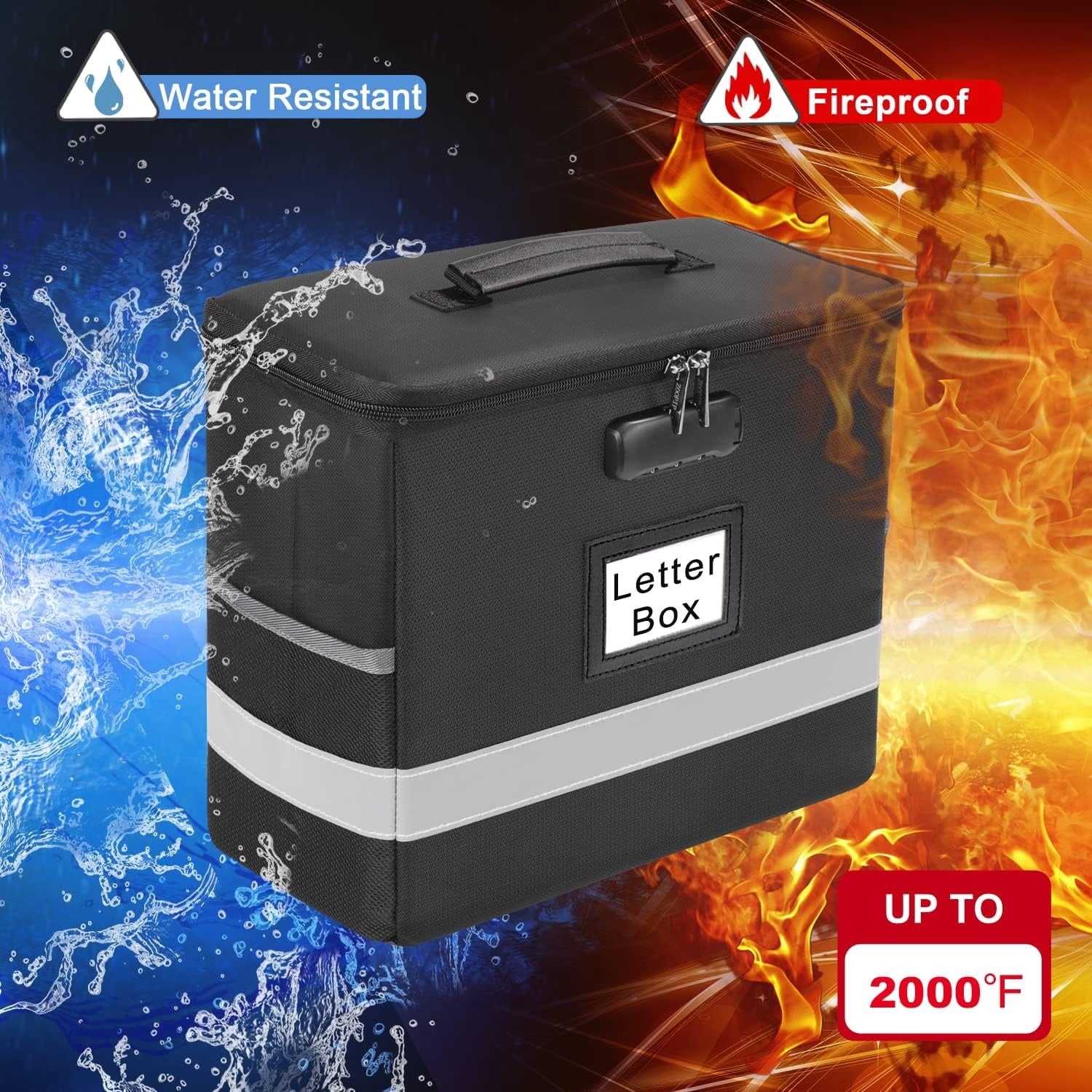 "Fireproof File Box with Lock, Document Box Storage Organizer, Suitable for Hanging File Folders in Letter Size, Collapsible File Box, Reflective Strip for Fast Find (12.2""*6""*10.2 (Black, 2Pcs) "