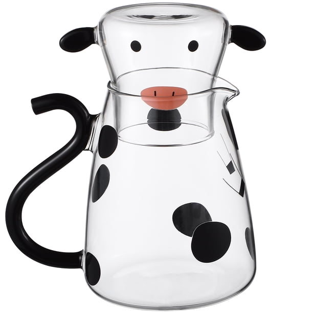Hervidor de dibujos animados con taza, tetera de vidrio con forma de vaca, cafetera, dispensador de jugo con taza