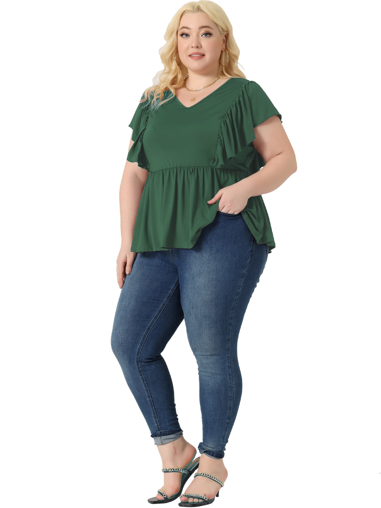 Unique Bargains Women Plus Size Tops V Neck Ruffle Sleeve Pleated Peplum Blouse Green 3X