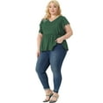 thumbnail image 3 of Unique Bargains Women Plus Size Tops V Neck Ruffle Sleeve Pleated Peplum Blouse Green 4X, 3 of 6
