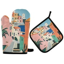 Yayeee Oven Mitts and Pot Holder Set of 2 Heat Resistant Kitchen Gloves Baking Hot Pad, Art City