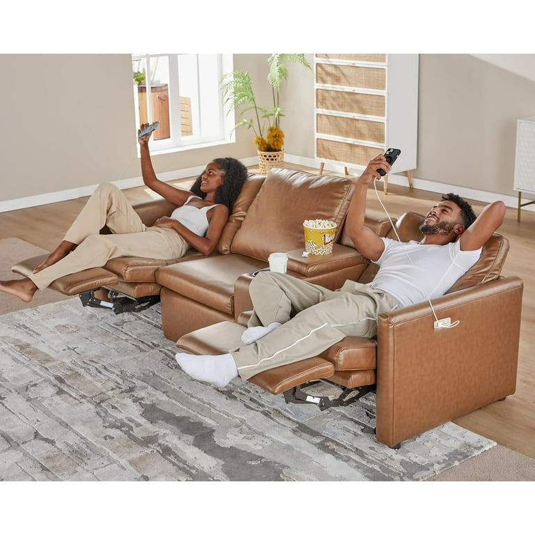 Vanacc Power Recliner Reclining Sectional Sofa with Console Single Left Recliner 8 Seats U Shaped Couch with Cup Holder Charging Socket Leather