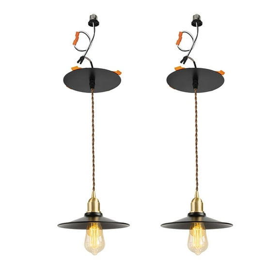 KAYYELAMP 3-Pack Vintage Industrial Brass Base Black Metal Shade Recessed Retrofit Pendant Lighting Conversion Kit E26 Power Connector 3.2 Ft Adjusted Cord Hanging Lamp for Hallway Farmhouse