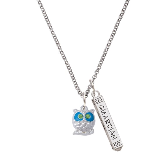 Delight Jewelry Silvertone Owl with Hot Blue & Lime Green Crystal Eyes Silvertone Guardian Angel Bar Charm Necklace, 23"