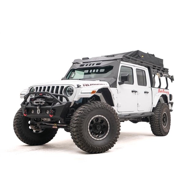 Fits 2020-2023 Jeep Gladiator JT Fab Fours Roof Rack JTOR-02-1 Overland Racks; Direct Fit; Powder Coated; Black; 11 Gauge Plate Steel; With Tie Down Points And Integrated Light Pod Mounts