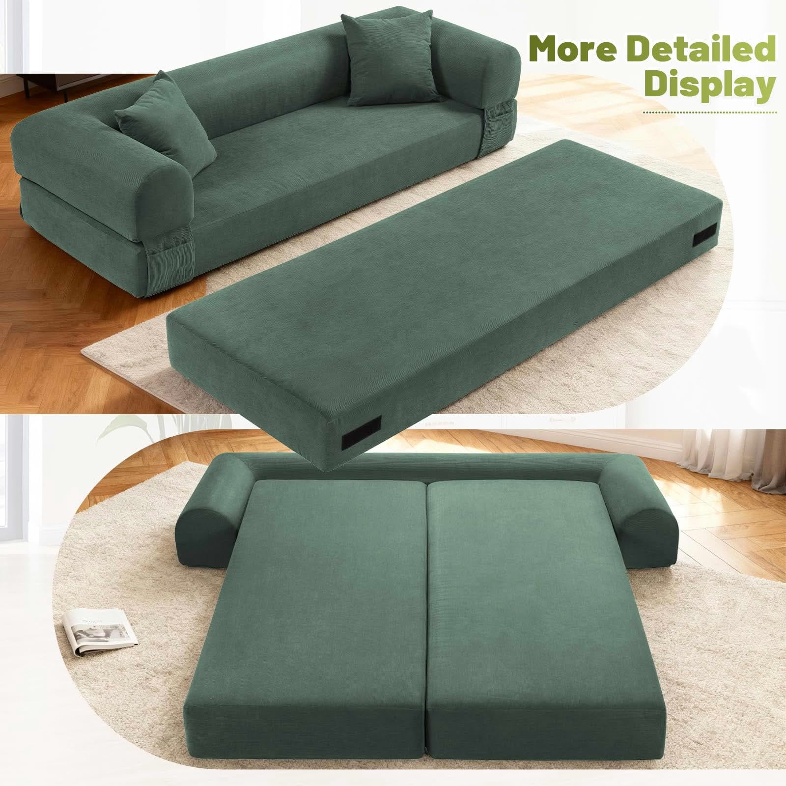 MAYEERTY 80" Light Green Corduroy Convertible Sofa Bed, 600lbs Queen Size Fold Out Sleeper Couch with Storage & No Assembly for Living Room