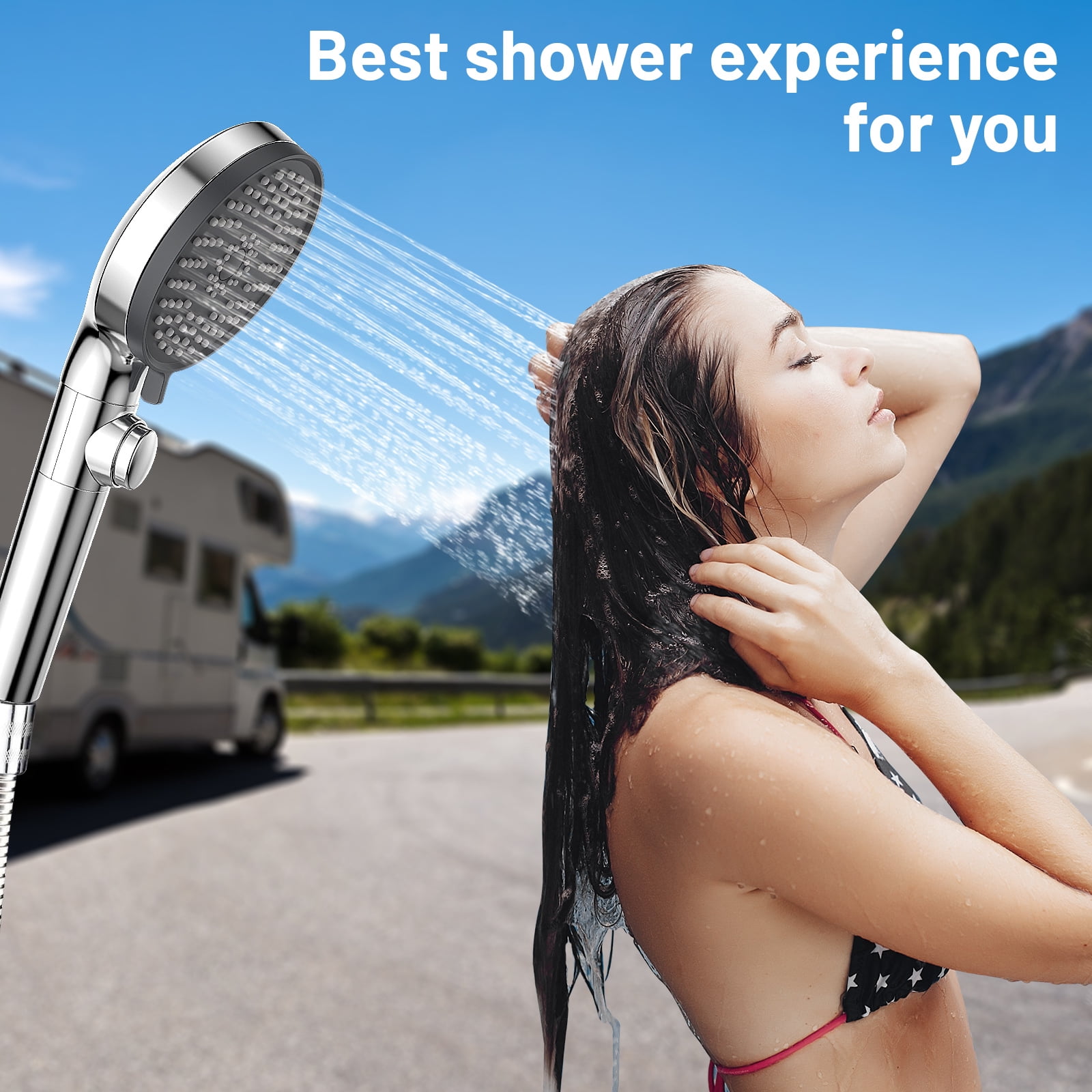RV Shower Head with Hose, 5 Mode High Pressure Shower Head Replacement, Handheld on/off with Holder、Hose, Travel Trailer, Water Saving Motorhome