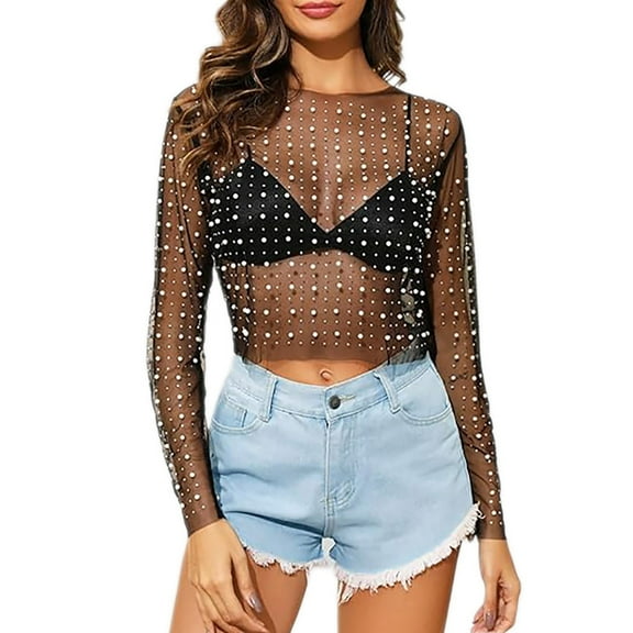 Women's Sexy Pearl Rhinestone Sheer Mesh Crop Top Long Sleeve Slim Fit See Through Cropped Blouse Clubwear T-Shirt