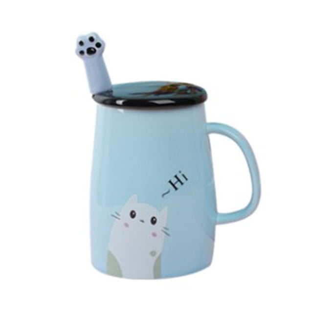 Cute Cat Mug Taza de café de cerámica con Kitty Cuchara de acero inoxidable, Hi ~ Novedad Taza de café Regalo para los amantes de los gatos Rosa (Rosa) Xemadio LKX-1447-1