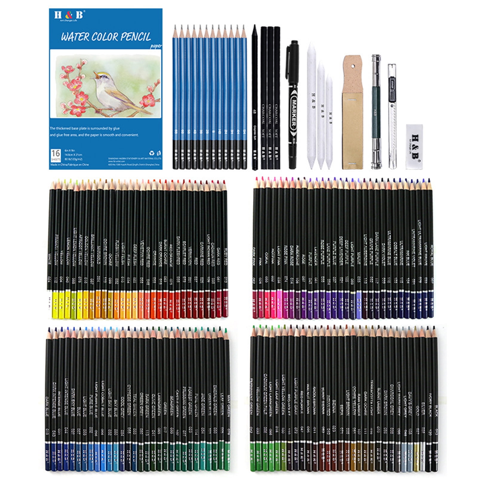 H&B 145-Piece Professional Oil Colored Pencils and Sketch Set Charcoal Graphite Pencil Eraser Extender Draw Paper Carrying Bag Art Supplies Gift for  Adults Artist Drawing Coloring Sketching
