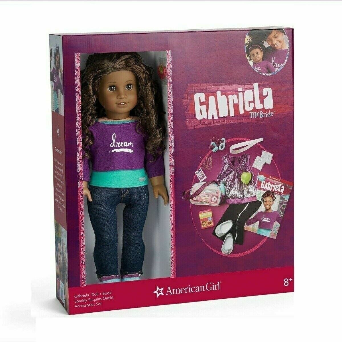 American Girl Doll Gabriela Set 18" Doll and Book with Sparkly Sequins Outfit and Accessories