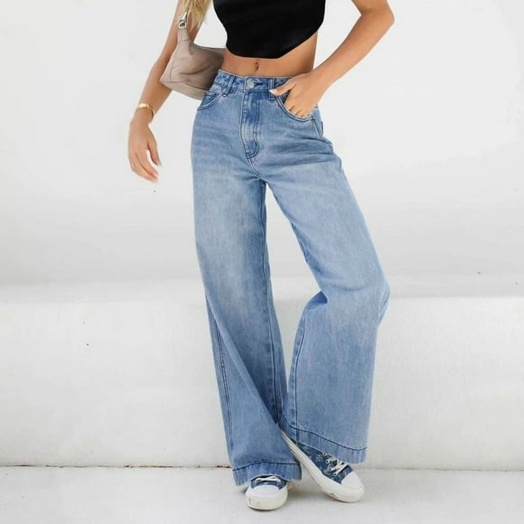 LSLJS Women's Mid Ripped Frayed Hem Casual Jeans Trousers, Wide Leg Trouser Pants