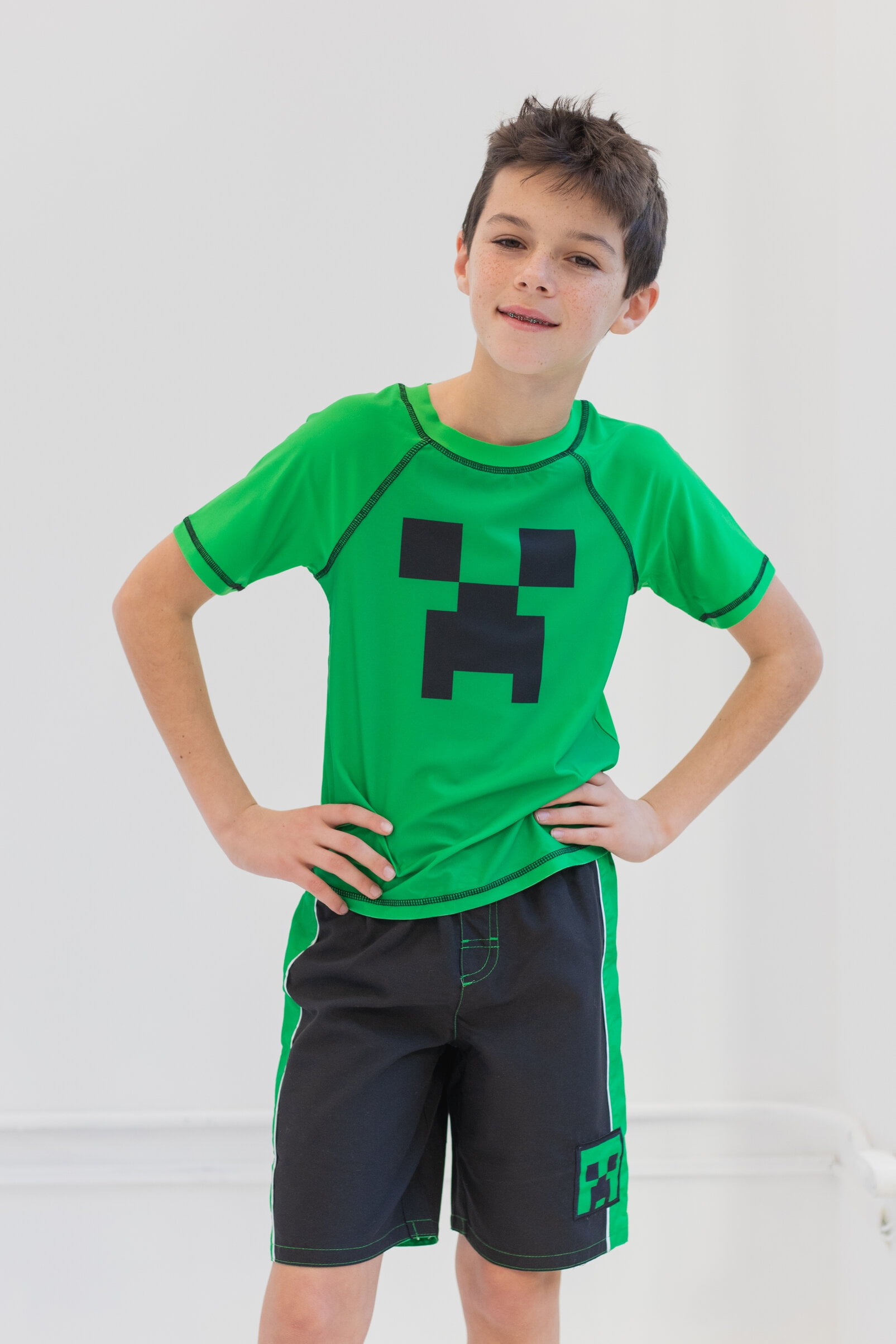 Minecraft Zombie Big Boys Rash Guard and Swim Trunks Outfit Set Little Kid to Big Kid
