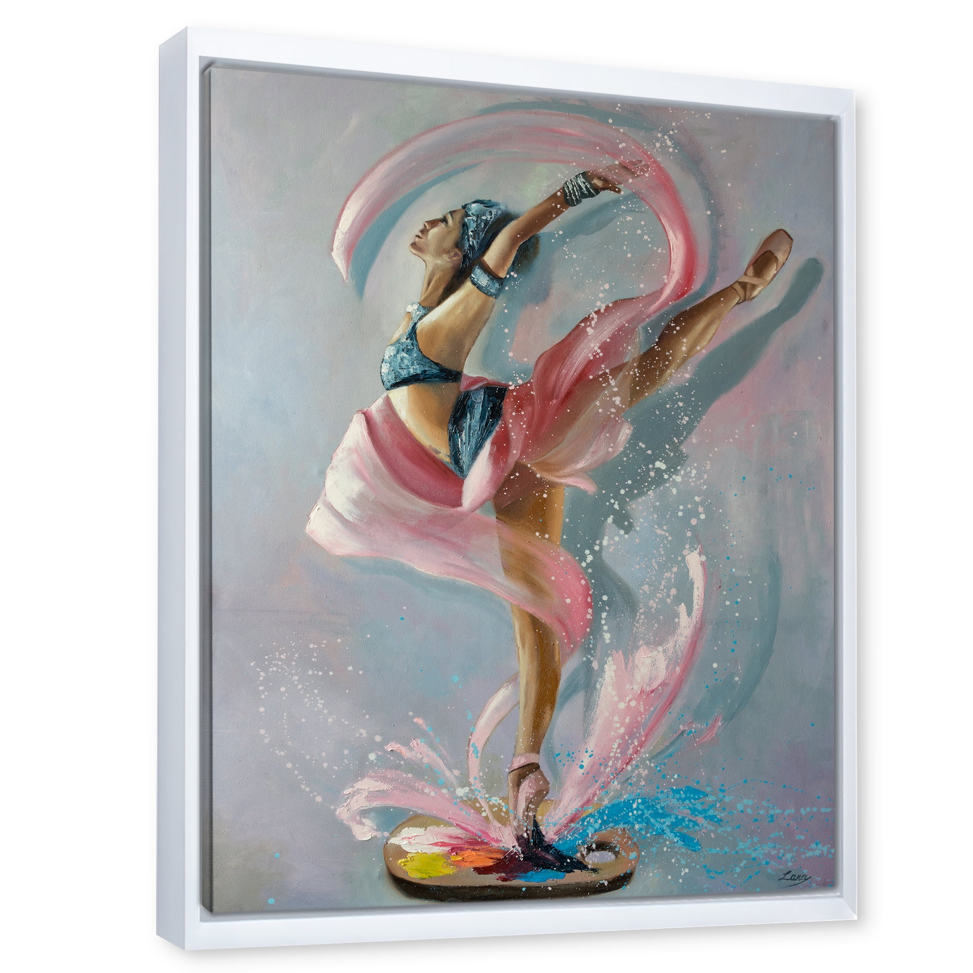 Designart 'Graciously Dancing Girl In Pink Drapes' Traditional Framed Canvas Wall Art Print