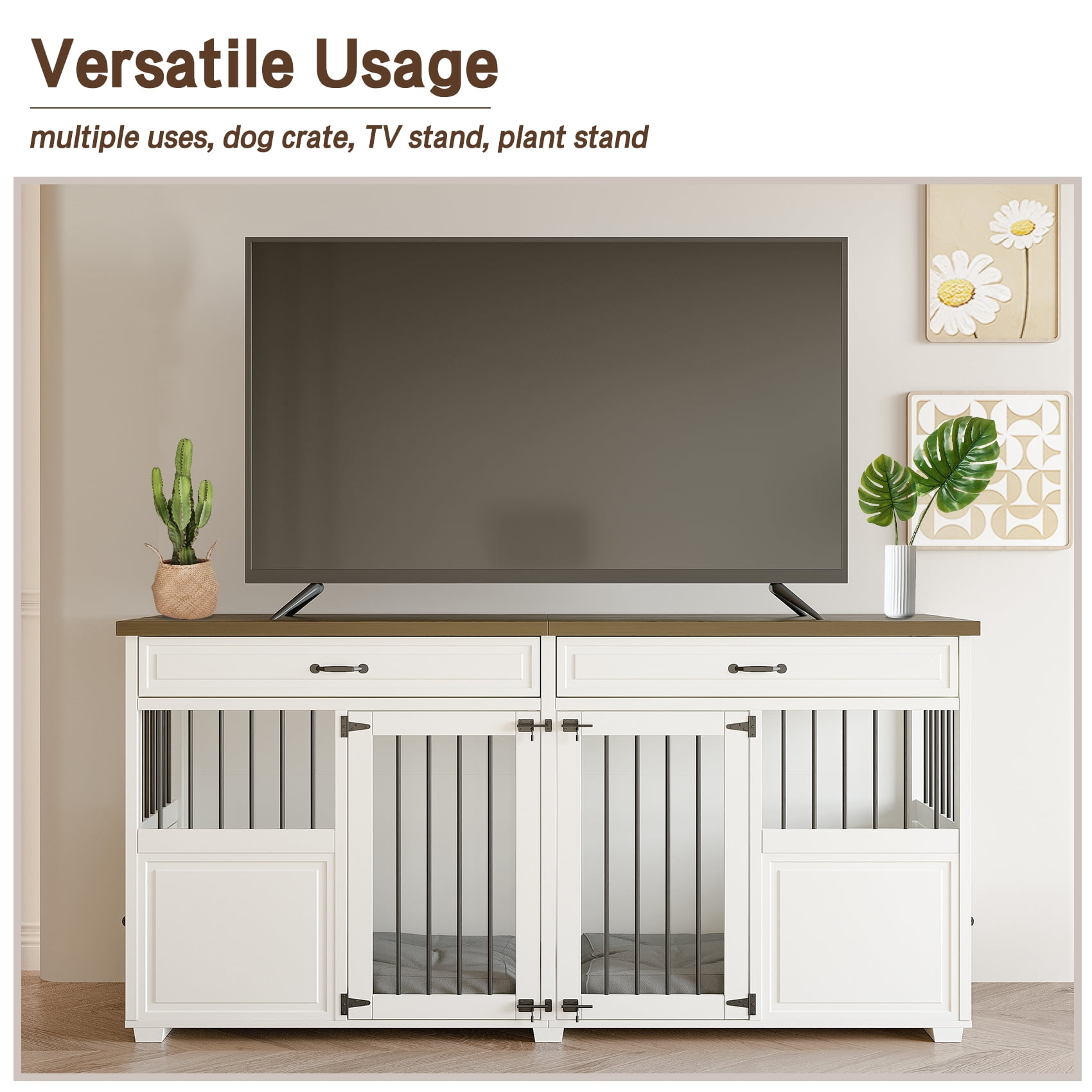 Faceket Lockable 4-Door 72.1" Wooden Furniture Style Crate for Dogs with Divider and 2 Drawers