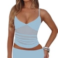 thumbnail image 3 of Women'S Sheer Mesh Camisole Tops Ruched V Neck Spaghetti Strap Crop Tank Top Blue S, 3 of 9