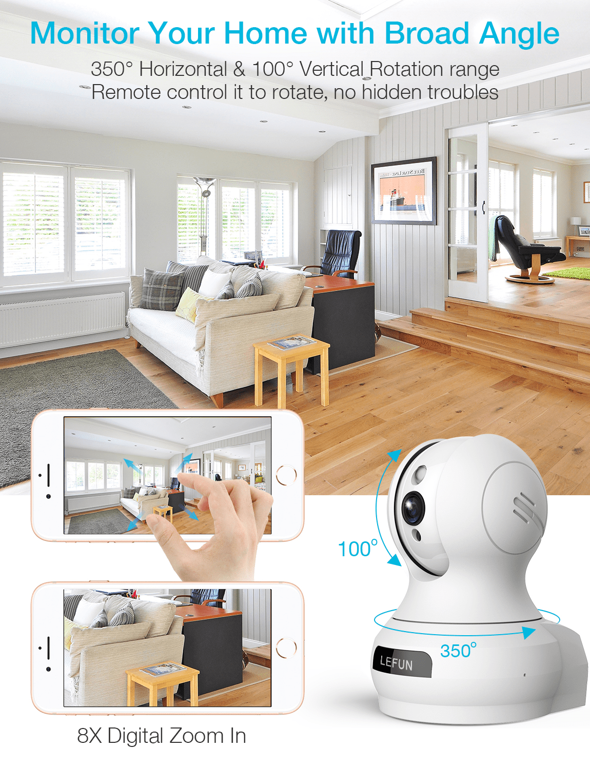 Baby Monitor WiFi Smartphone, Lefun WiFi Baby Monitor with Camera and Audio, Pet Camera with Cloud Storage Two Way Audio Remote Viewing Pan Tilt Zoom Night Vision Motion Detect for Indoor Home