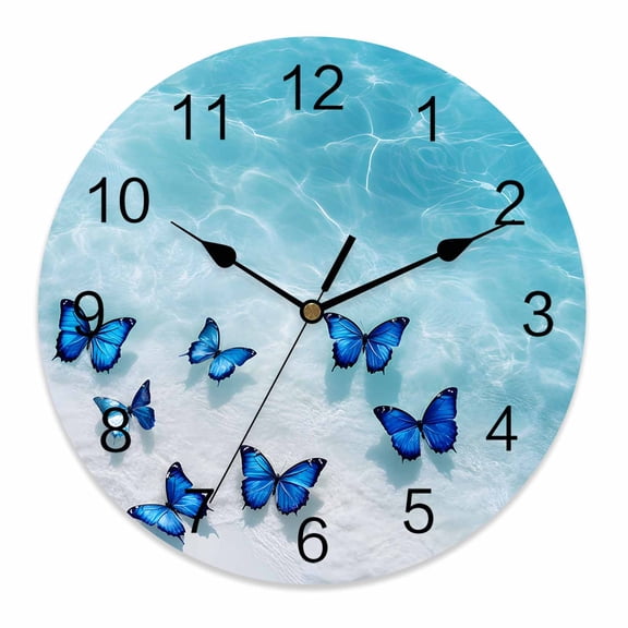 Wall Clock 14 Inch Coastal Round Silent Decorative Wall Clocks Battery Operated for Living Room Bedroom Kitchen Classroom Decor, Ocean Butterfly Beach Aqua Dark Blue,Large