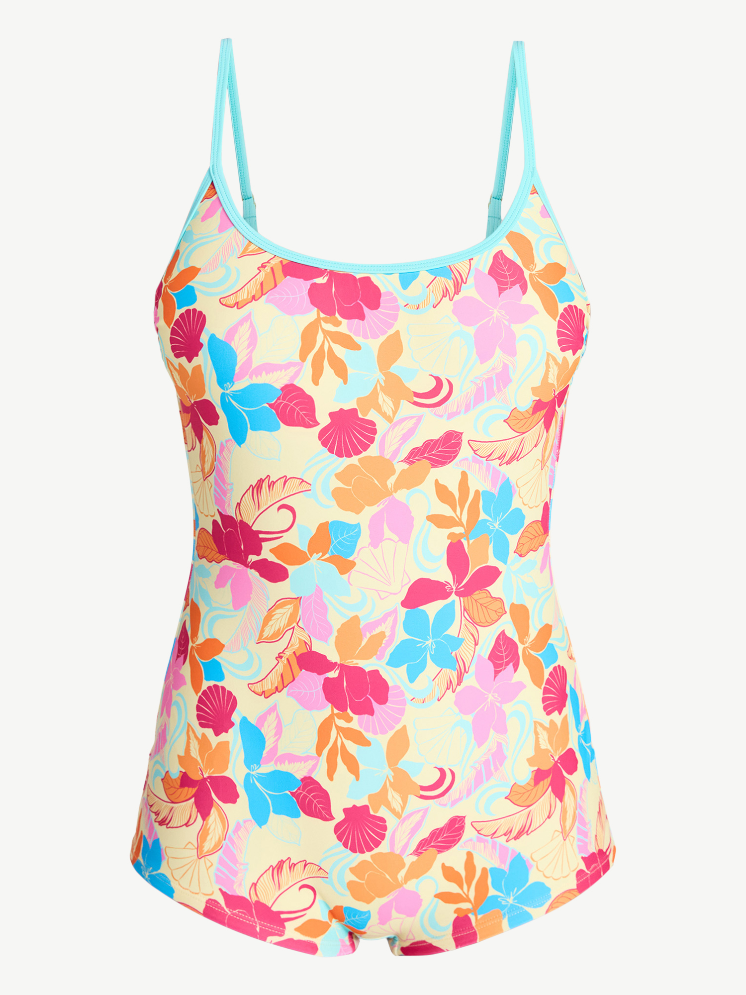 No Boundaries Bright Palms Scoop Neck Romper One-Piece Swimsuit, Women's XXS-XXL