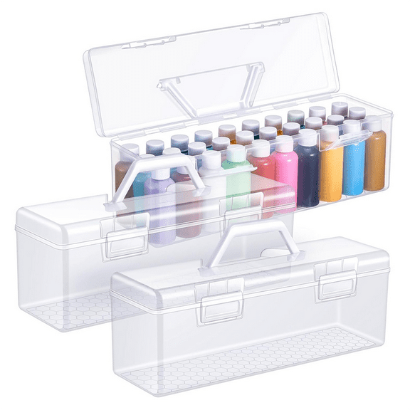 3 Pcs Paint Storage Box for 2 Fl. Oz Acrylic Paints, Acrylic Portable Craft Art Organizer with Handle, 30 Bottles White,3 Pcs x Paint Storage Box,White