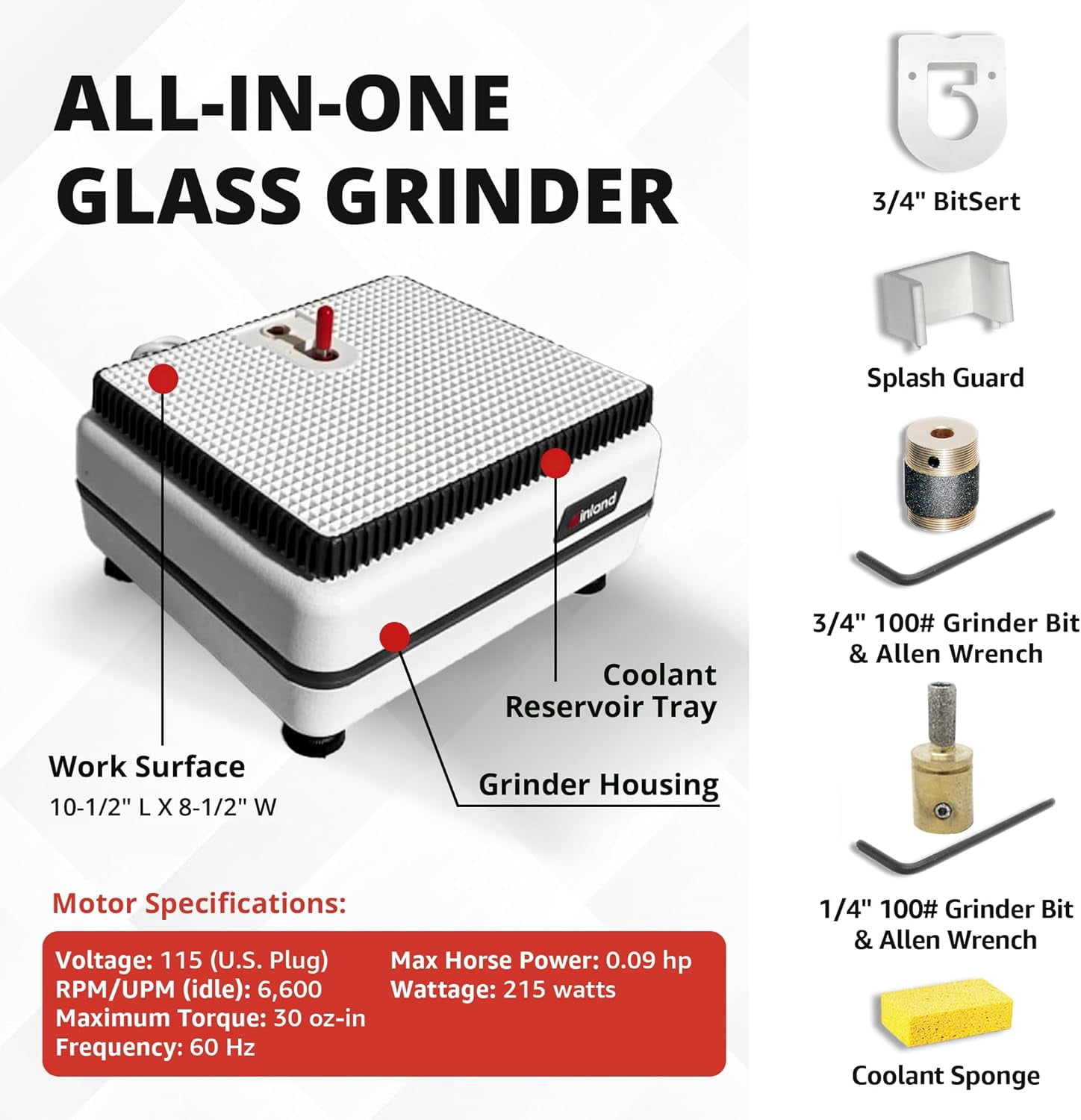 Inland Craft Wiz Glass Grinder | Stained Glass Grinding Shaping Machine | Includes TWO Diamond Grinding Bits